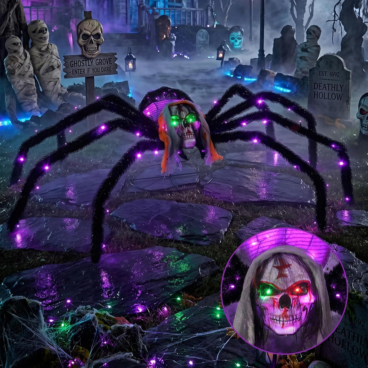 52" Halloween Giant Skull Face Spider, Lighted Outdoor Decoration with Flashing Red & Green Eyes, 70 LED Glowing Spider for Yard, Lawn, Porch, Haunted House Decor (52" Floor-Standing)