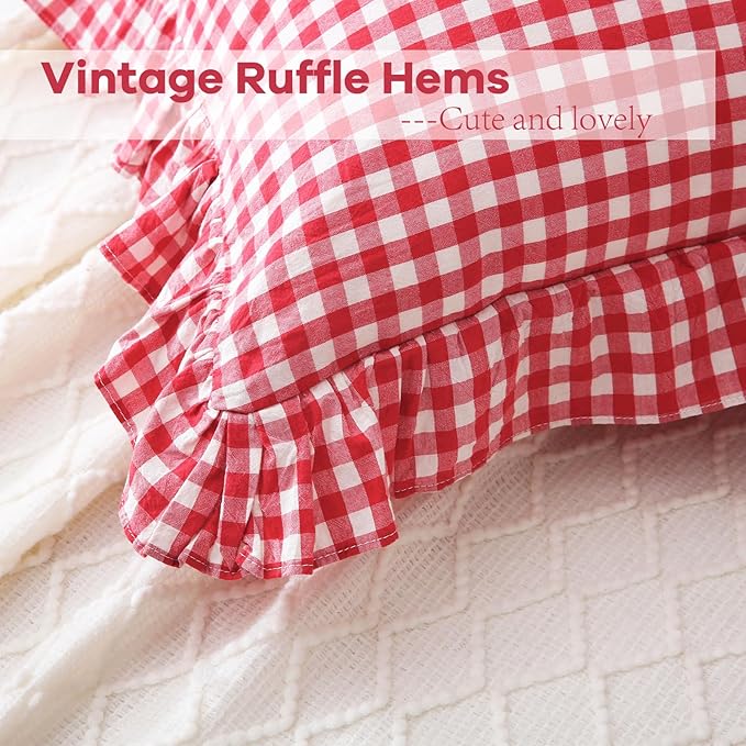2 Pack Red White Plaid Ruffle Gingham Euro Throw Pillow Covers, 100% Washed - Image 5