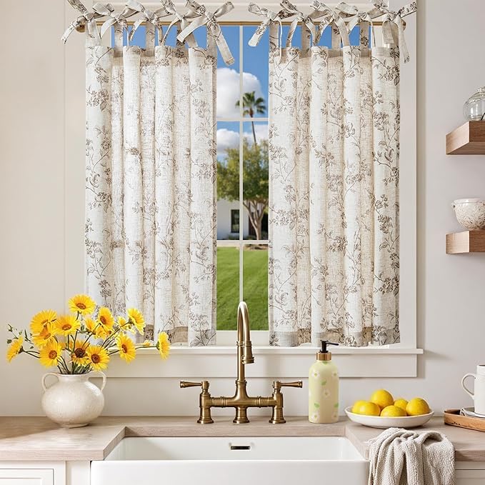 jinchan Floral Kitchen Curtains 36 Inch Linen Tier Curtains Farmhouse Cafe Half by JINCHAN