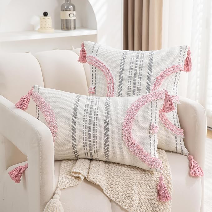 Boho Throw Pillow Covers 18x18 Set of 2 Cotton Woven Tufted Farmhouse Pillows - Image 3