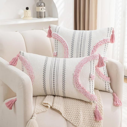 Boho Throw Pillow Covers 12x20 Set of 2 Cotton Woven Tufted Farmhouse Lumbar - Image 3