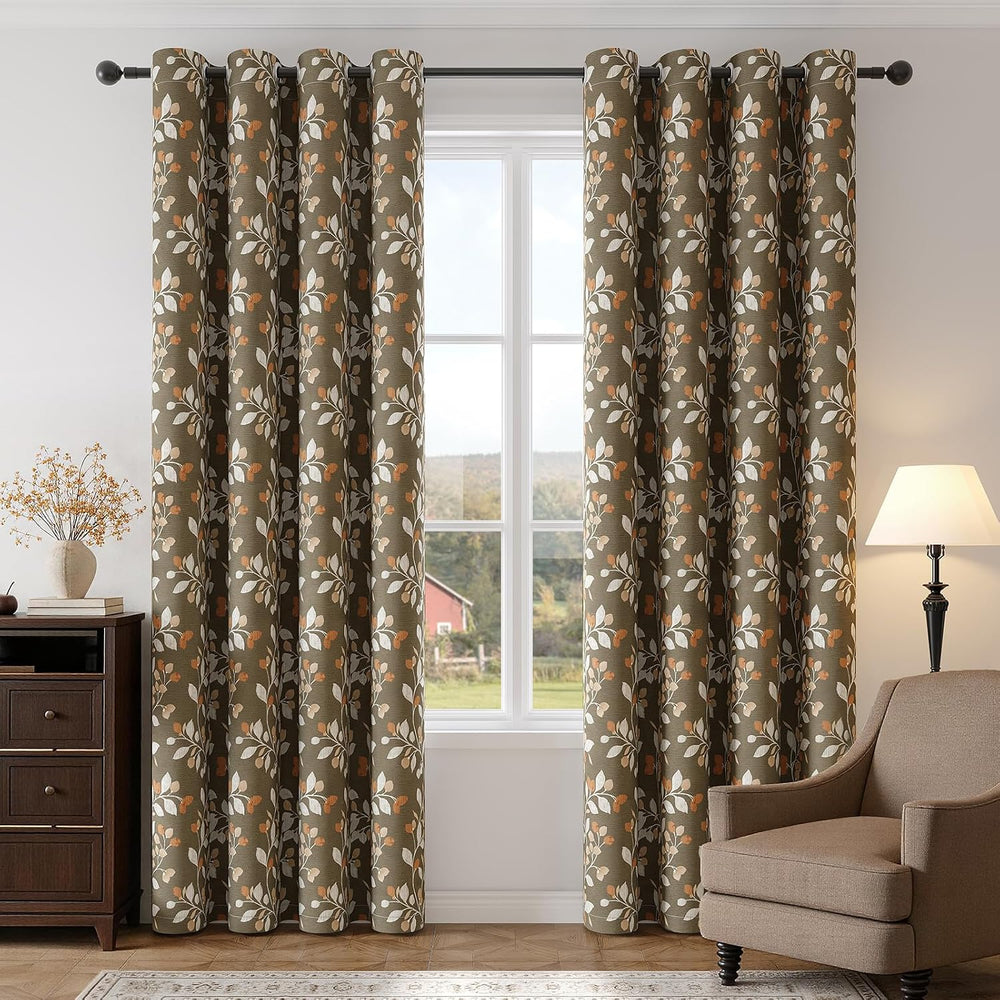 Vintage Floral Blackout Curtains Botanical Print 63 Inch 2 Panels Taupe