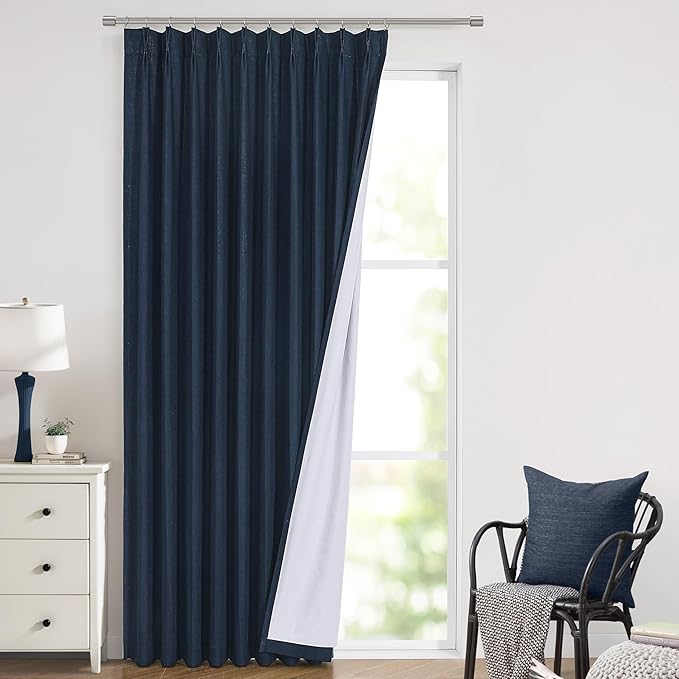 Vision Home Navy Blue Pinch Pleated Full Blackout Curtains Linen Blended Room by VisionHome