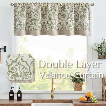 jinchan Linen Valance Curtain for Kitchen Vintage Damask Floral Blackout - Image 2