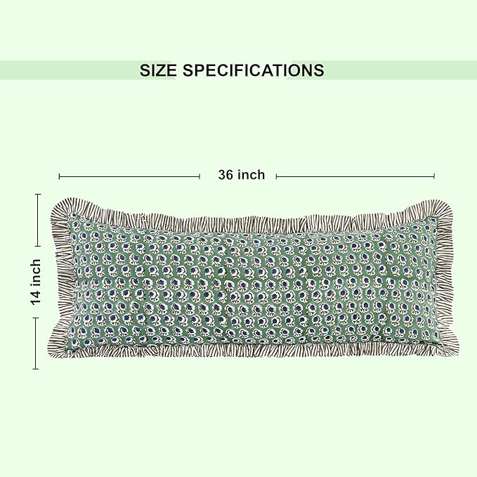 Ridhi Basil Green 100% Cotton Block Print Ruffle Lumbar Sham Cover Handmade - Image 6