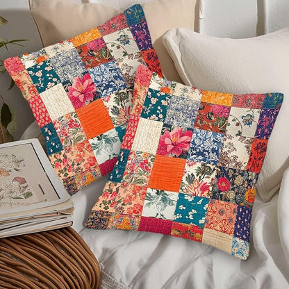 Printed Floral Patchwork Throw Pillow Covers 18x18 Set of 2 | Vintage - Image 5