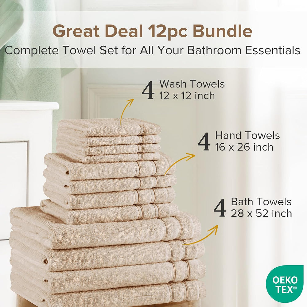 Comfort Spaces 12 Pc Towel Set, 100% Cotton Zero Twist, Beige Tan
