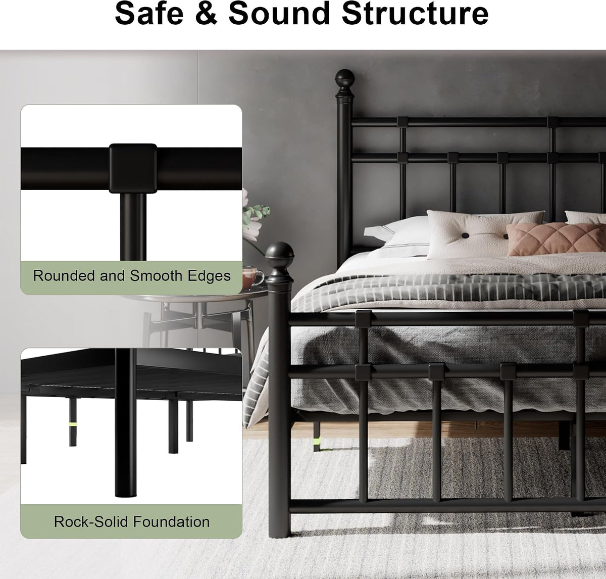 feonase queen metal platform bed frame with victorian, side view