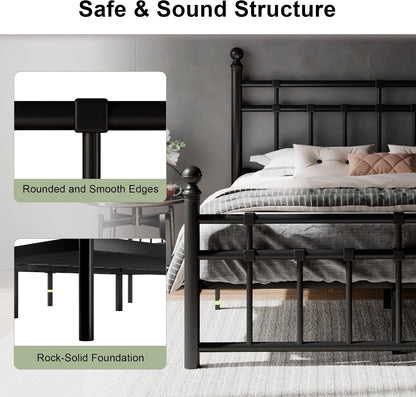 feonase queen metal platform bed frame with victorian, side view