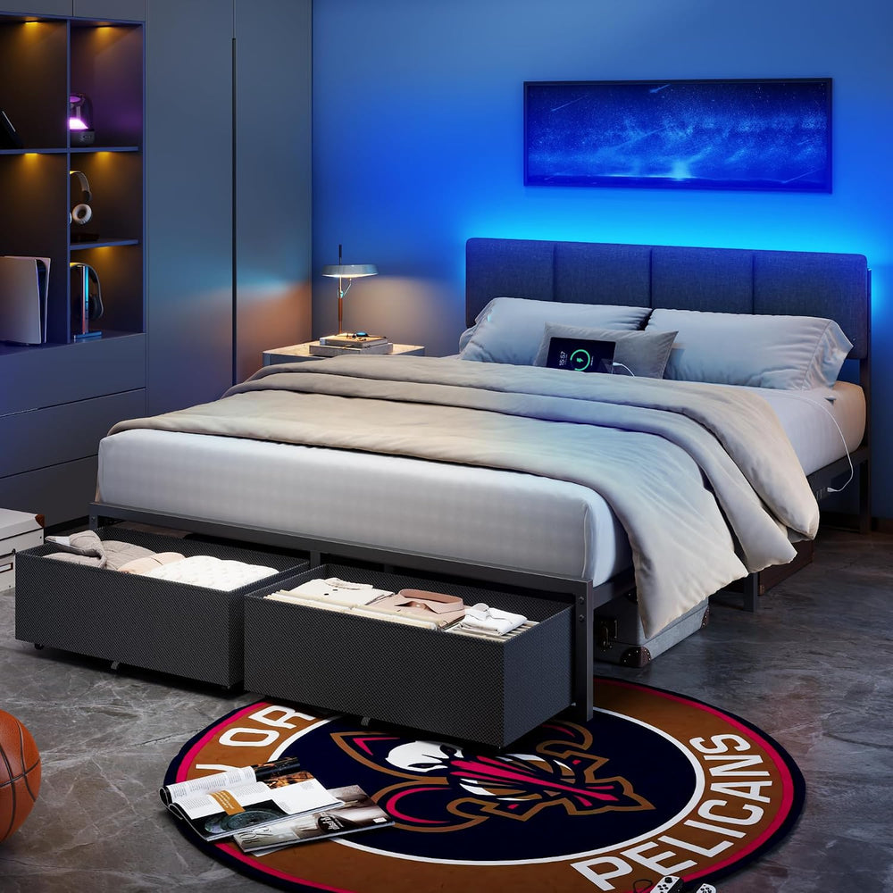 Furnulem Queen Bed Frame with Adjustable Headboard and Storage Drawers