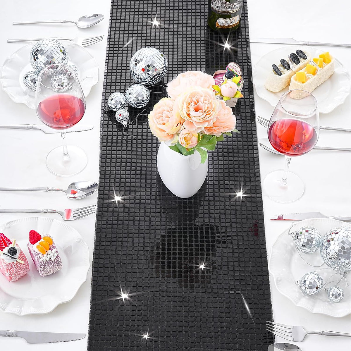 Disco Party Table Runners 6 Packs 12 x 72 Inches - Black Sequin Table Runners for Retro 70s 80s Theme Disco Dance Party Birthday Holiday Wedding Halloween Table Decorations