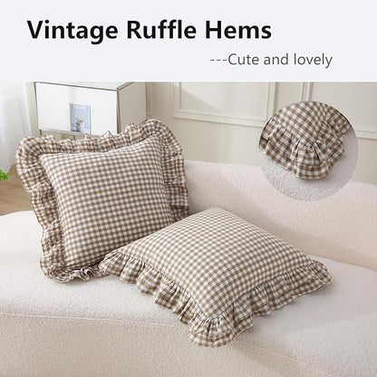 Aryeleay 2 Pack Taupe White Plaid Ruffle Throw Pillow Covers, 100% Cotton - Image 3