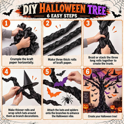 167 Pcs Halloween Themed Decorations, Spooky Halloween Classroom Party Decor Kit with Bats Stickers, Fake Spiders, Tulle Gauze, Witch Hats & Black Kraft Paper for Indoor Outdoor Party Decor