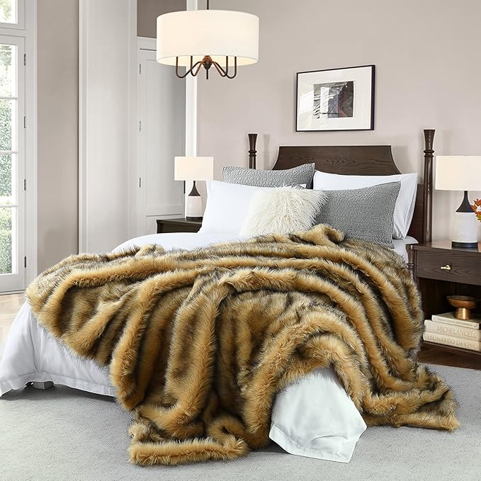 Luxury Plush Faux Fur Blanket King Size, Long Pile Golden Yellow by HORIMOTEHOME