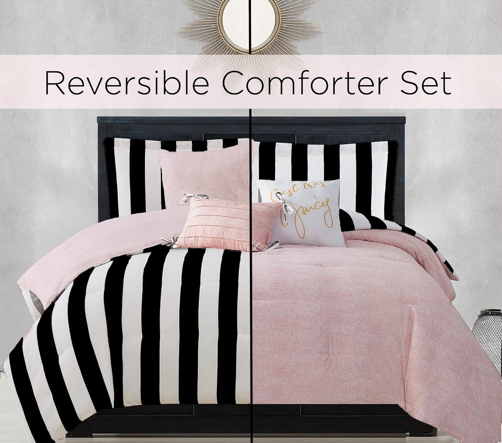 Juicy Couture Cabana Stripe Reversible Bedding Set - Queen Size - Black and W...