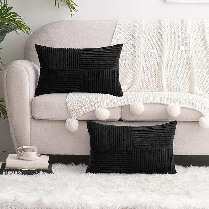 HWY 50 Black Corduroy Patchwork Throw Pillow Covers 12x20 Inch Rectangle - Image 6