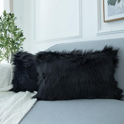 LIGICKY Set of 2 Decorative Black Lumbar Fluffy Throw Pillow Cover Faux Fur by LIGICKY