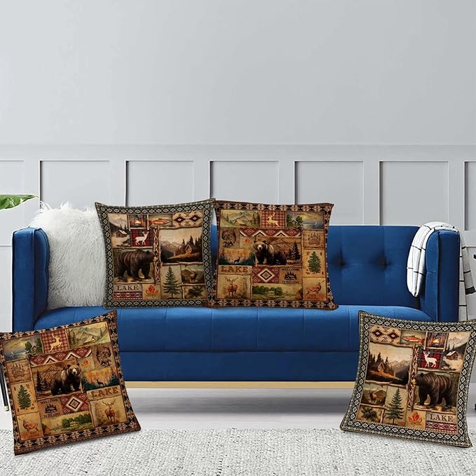 Vintage Rustic Lodge Bear Pillow Covers 18x18 Inch Set of 4, Farmhouse Cabin - Image 6