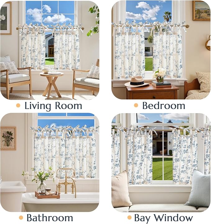 jinchan Floral Kitchen Curtains 24 Inch Linen Tier Curtains Farmhouse Cafe Half - Image 4