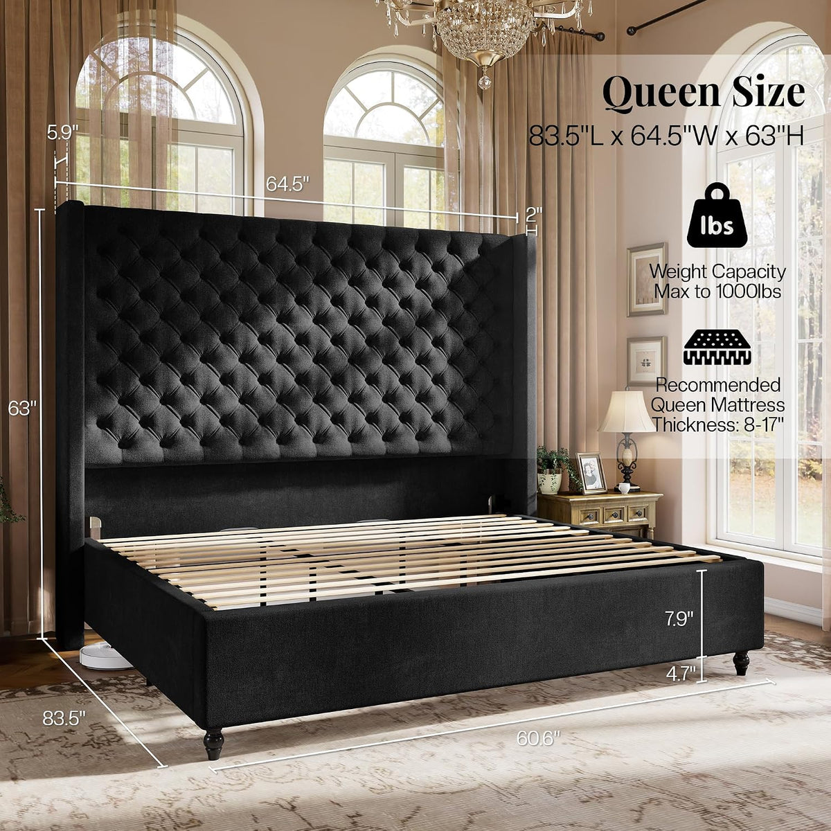 jocisland queen bed frame with 63" tall wingback shown in use