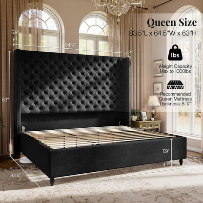 jocisland queen bed frame with 63" tall wingback shown in use