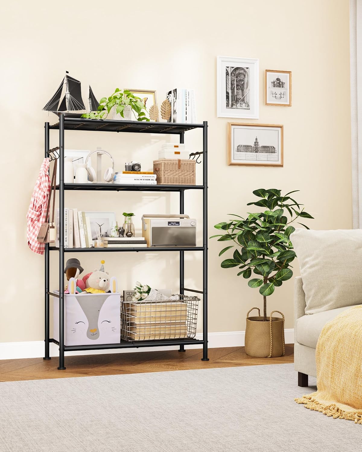 sakugi 4-tier storage shelves with 6 hooks, 33.2", front angle view