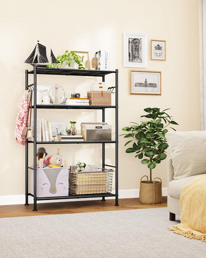 sakugi 4-tier storage shelves with 6 hooks, 33.2", front angle view