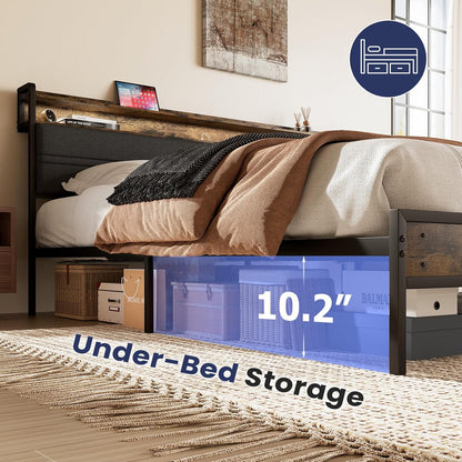 grusign queen size bed frame with led light showing dimensions