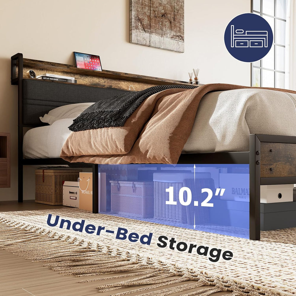 GRUSIGN Full Size Bed Frame with LED Light Storage Headboard and Charging Sta...