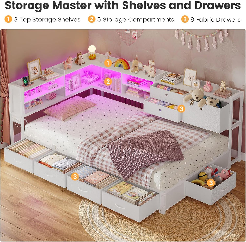 BTHFST Corner Bed Frame with Charging Station & Led Lights, White