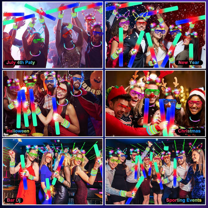OLUPP 282 PCS Glow in the Dark Party Supplies, 18 Foam Sticks, 18 LED Glasses, 200 Glow Sticks, 30 Finger Lights, 8 Bunny Ear Headband and 8 LED Cat Ear Headband for Birthday,Halloween,New Year