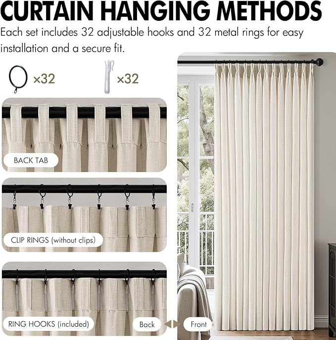 MIULEE Pinch Pleated Thick Linen Curtains 94 Inches 4 Panels Set Ivory Cream - Image 8