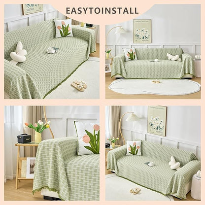 Green Couch Cover Blanket Cute Geometrical Jacquard Washable Sofa Cover - Image 4