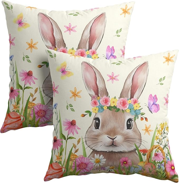 Easter Rabbit Throw Pillow Covers 20x20 Inch Set of 2 Cute Bunny Cotton Linen by Granbey