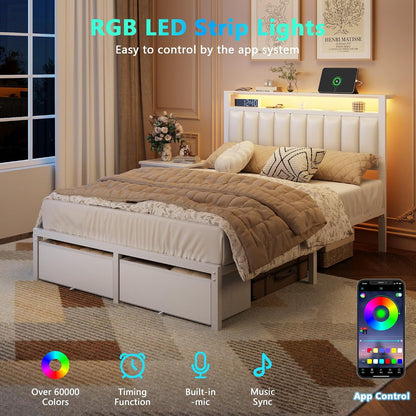 furnulem white full size bed frame with pu, close-up detail
