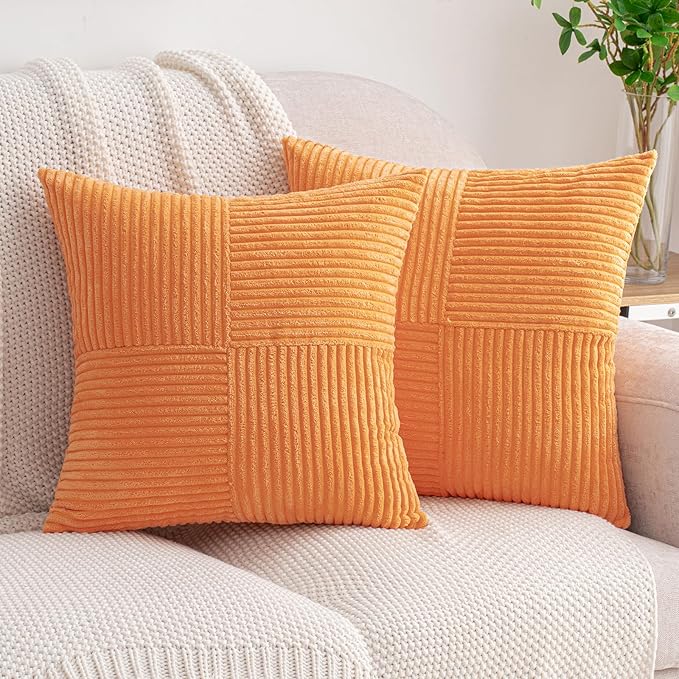 HWY 50 Orange Corduroy Patchwork Throw Pillow Covers 20x20 Inch, Soft Cozy by HWY50