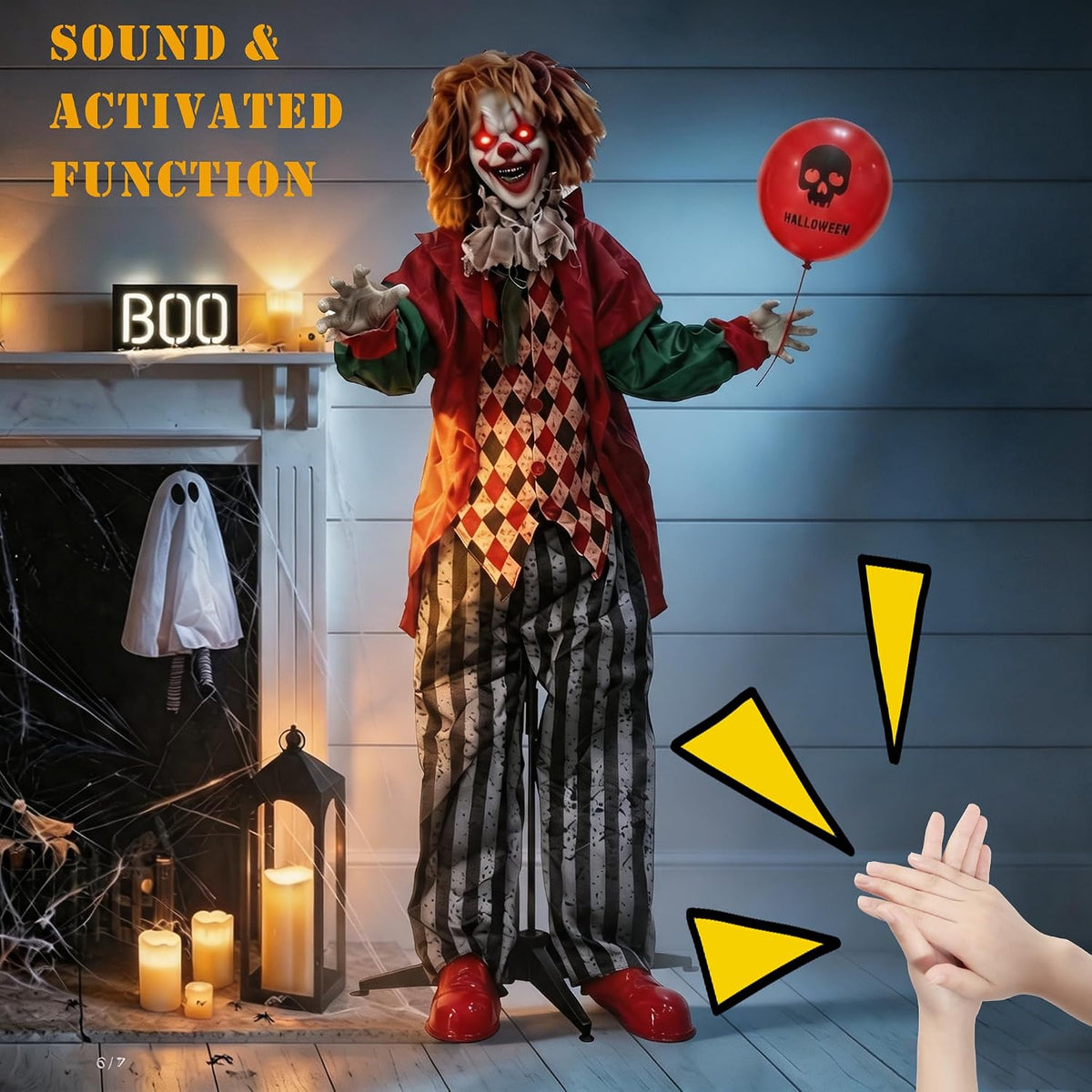 Hourleey 5.3FT Halloween Animatronics Clown Decorations, Sound Activated Standing Animated Clown with Lighted Eyes, Clown Holding Balloon for Indoor Outdoor Haunted House Party Prop Yard Decor