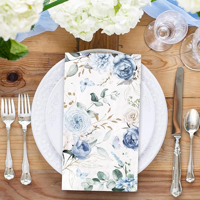 100Pcs Floral Guest Napkin Watercolor Blue Flower Butterfly Disposable Napkin - Image 3
