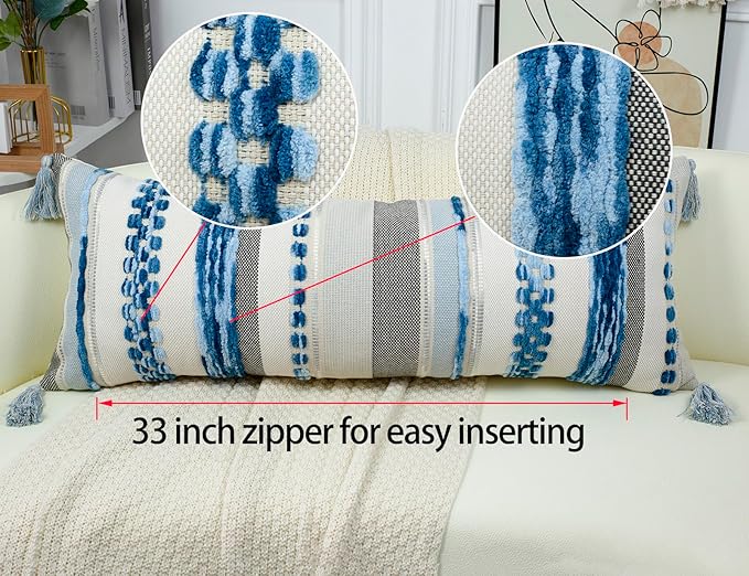 PANOD Boho Long Lumbar Throw Pillow Cover 16 x 36 Blue, Chenille Morocan Extra - Image 5