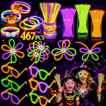 BUDI 467Pcs Halloween Glow Sticks Party Favors, Glow in the Dark Party Pack
