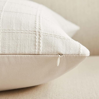 ZeeMart Linen Checked Throw Pillow Covers Set of 2, 18x18 Inch Ivory/Cream - Image 3