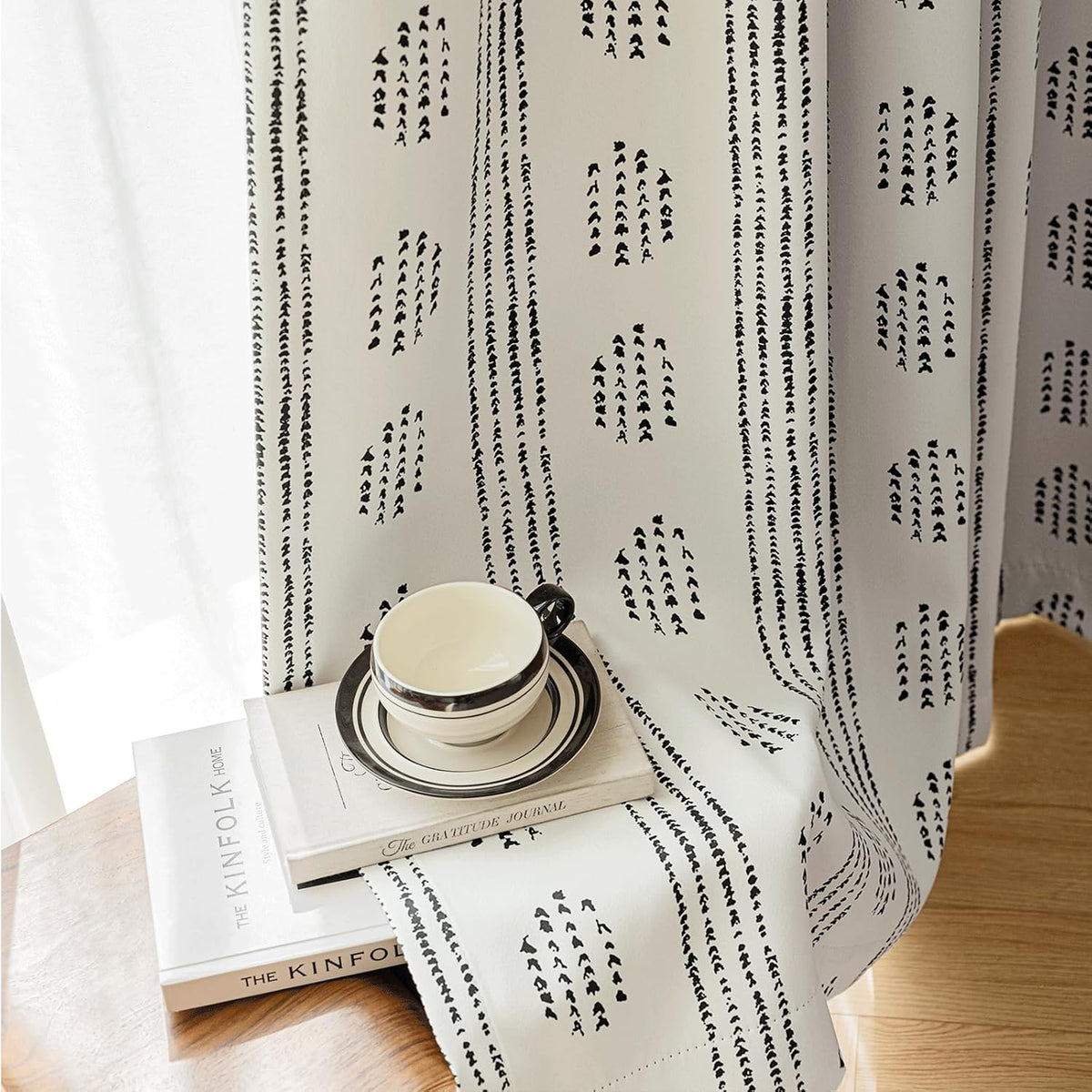 100% blackout black boho curtains, 63 inches, 2 on a desk or shelf