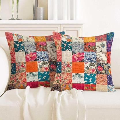 Printed Floral Patchwork Throw Pillow Covers 18x18 Set of 2 | Vintage by Unknown