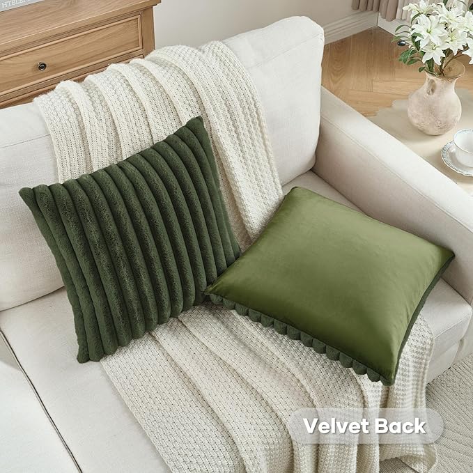 FUTEI Olive Green Throw Pillow Covers Set of 2, 12x20 Inch Striped Texture - Image 4
