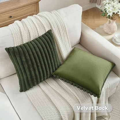 FUTEI Olive Green Throw Pillow Covers Set of 2, 12x20 Inch Striped Texture - Image 4