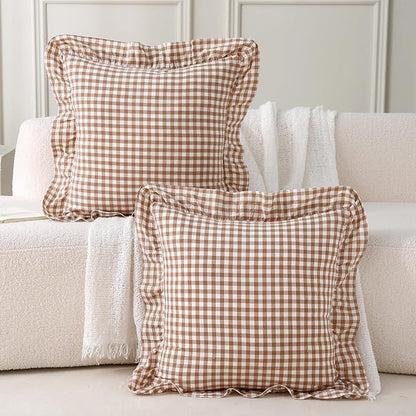 Aryeleay 2 Pack Khaki White Plaid Ruffle Throw Pillow Covers, 100% Cotton - Image 7