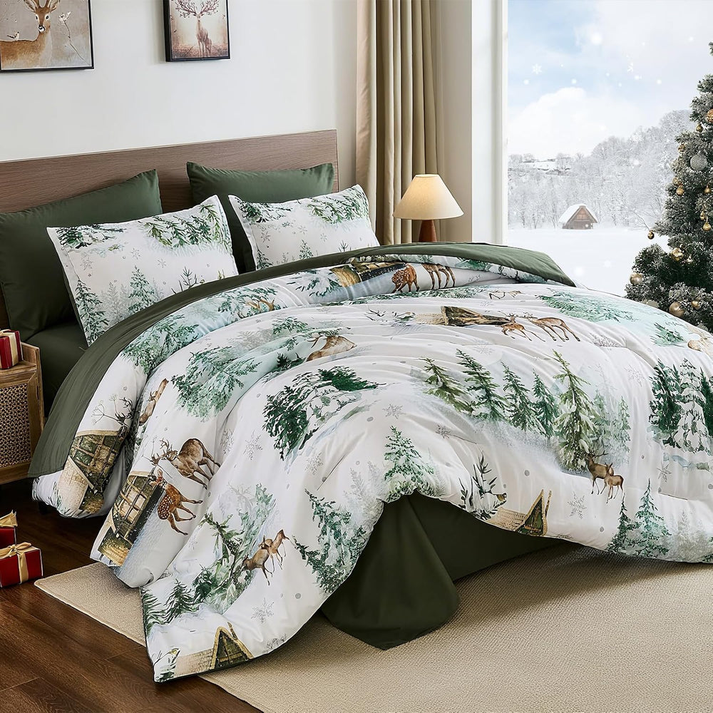Green Comforter Set 7 Piece Queen Size, Christmas Bedding Set Festive