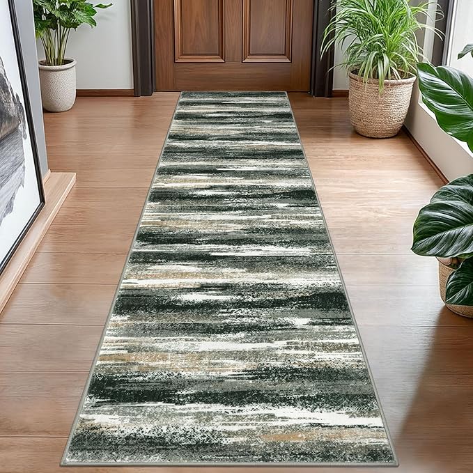 Modern Abstract Hallway Runner Rug, Forest Green Washable Kitchen Runner by lansny