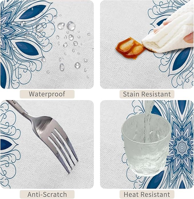 60x84inches Boho Floral Print Tablecloth Blue White Bohemian Floral Pattern - Image 4