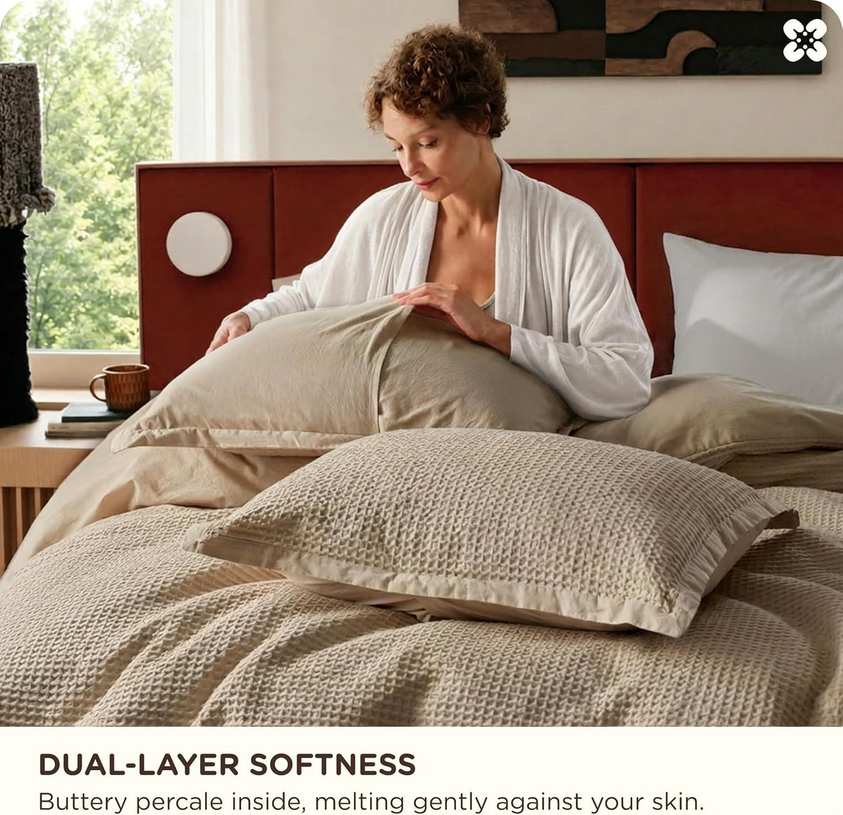 bedsure purewoven 3 pieces 100% cotton waffle duvet, side view